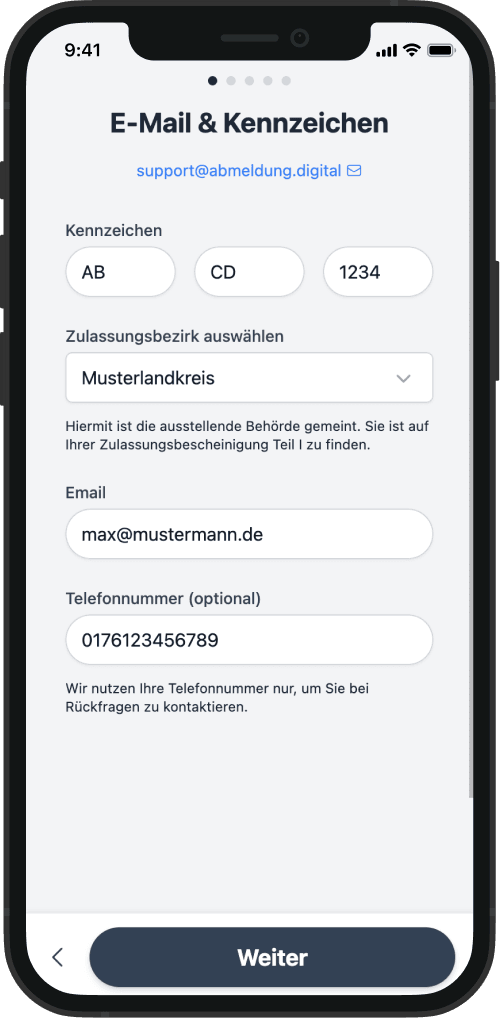 Screenshot von der Eingabe der Kontaktdaten und des Kennzeichens